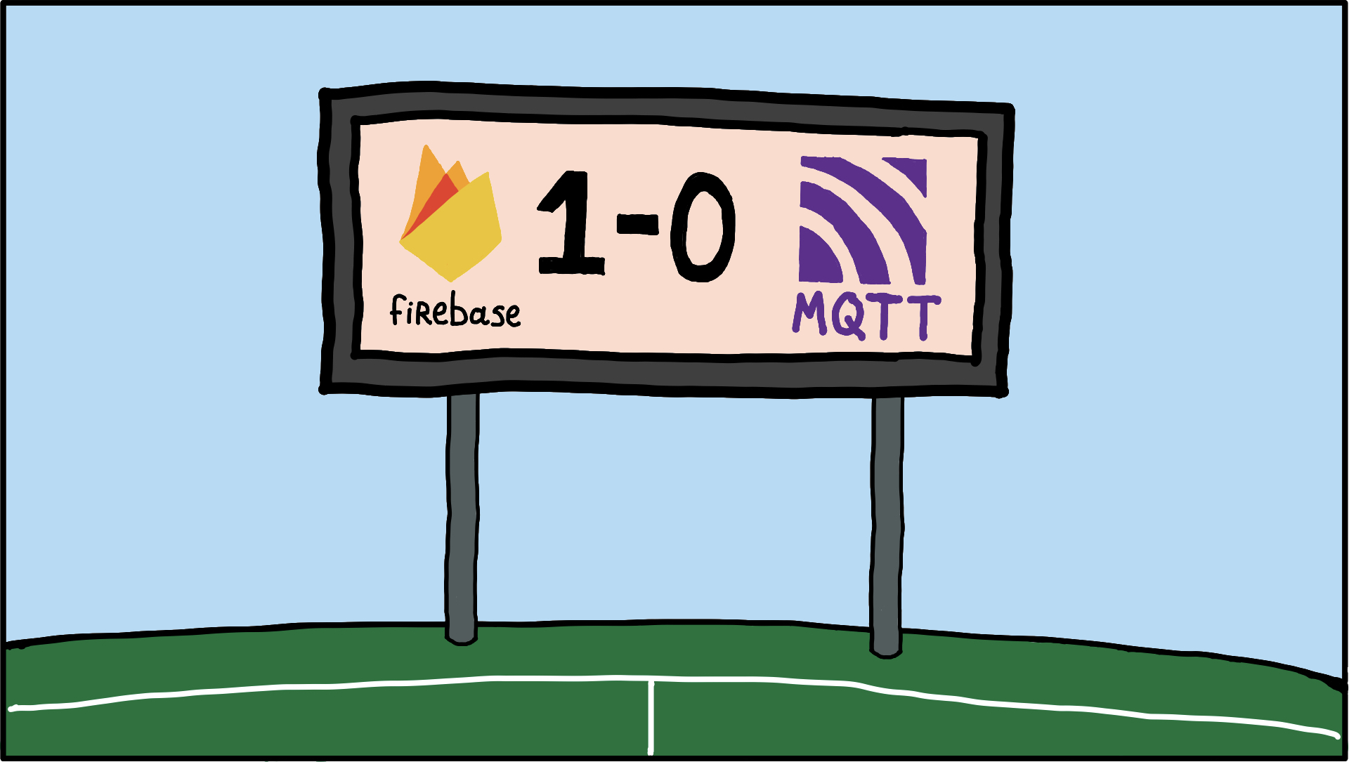 Scoreboard with Firebase winning 1-0 against MQTT